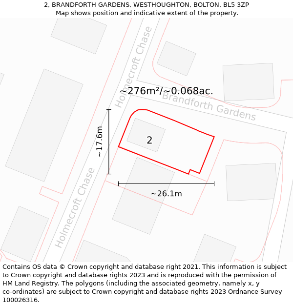 2, BRANDFORTH GARDENS, WESTHOUGHTON, BOLTON, BL5 3ZP: Plot and title map