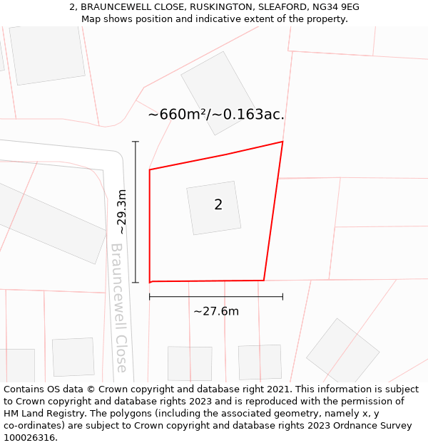 2, BRAUNCEWELL CLOSE, RUSKINGTON, SLEAFORD, NG34 9EG: Plot and title map