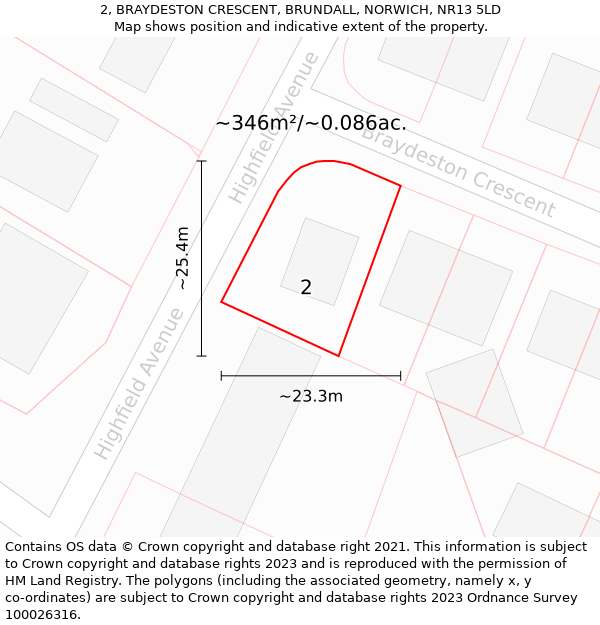 2, BRAYDESTON CRESCENT, BRUNDALL, NORWICH, NR13 5LD: Plot and title map