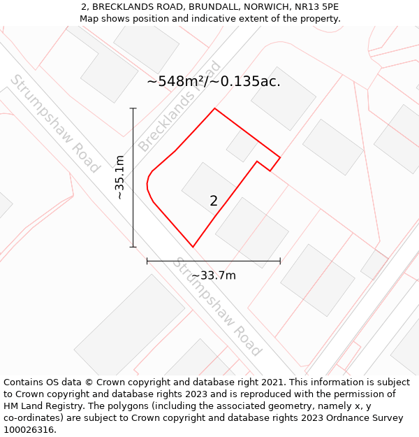 2, BRECKLANDS ROAD, BRUNDALL, NORWICH, NR13 5PE: Plot and title map