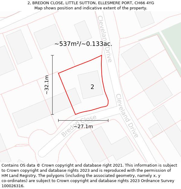 2, BREDON CLOSE, LITTLE SUTTON, ELLESMERE PORT, CH66 4YG: Plot and title map