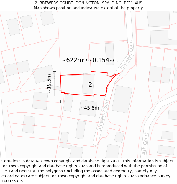 2, BREWERS COURT, DONINGTON, SPALDING, PE11 4US: Plot and title map