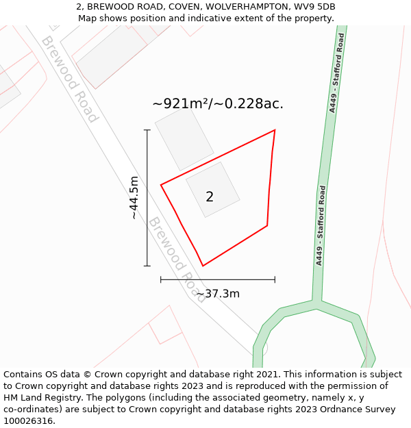 2, BREWOOD ROAD, COVEN, WOLVERHAMPTON, WV9 5DB: Plot and title map