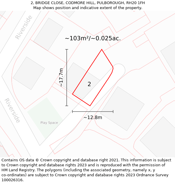 2, BRIDGE CLOSE, CODMORE HILL, PULBOROUGH, RH20 1FH: Plot and title map