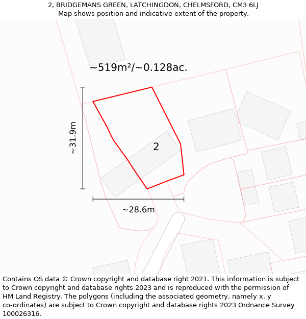 2, BRIDGEMANS GREEN, LATCHINGDON, CHELMSFORD, CM3 6LJ: Plot and title map