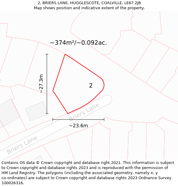 2, BRIERS LANE, HUGGLESCOTE, COALVILLE, LE67 2JB: Plot and title map