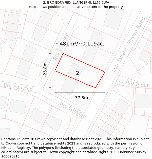 2, BRO EDNYFED, LLANGEFNI, LL77 7WA: Plot and title map