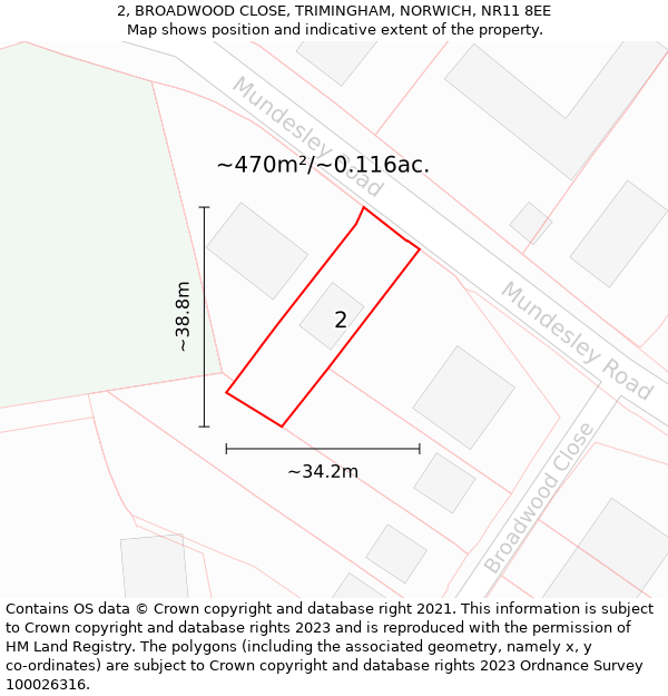 2, BROADWOOD CLOSE, TRIMINGHAM, NORWICH, NR11 8EE: Plot and title map