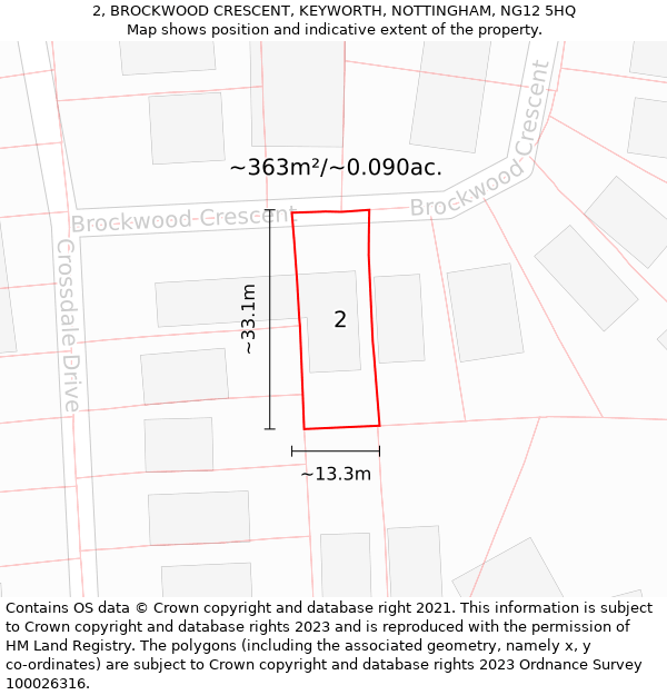 2, BROCKWOOD CRESCENT, KEYWORTH, NOTTINGHAM, NG12 5HQ: Plot and title map