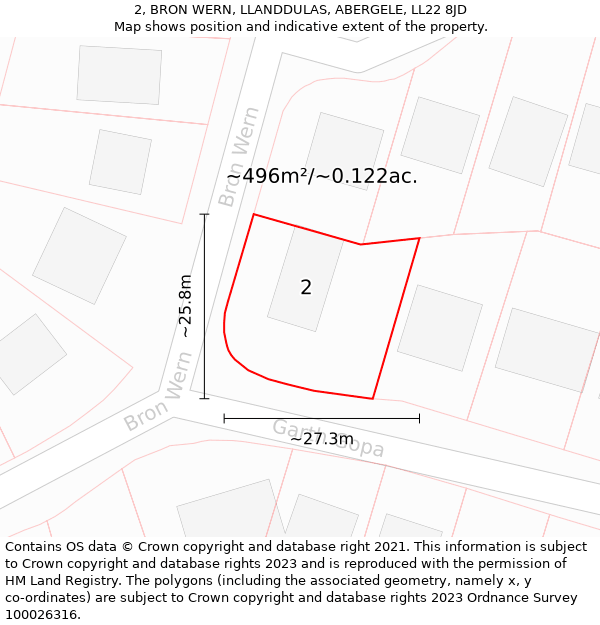 2, BRON WERN, LLANDDULAS, ABERGELE, LL22 8JD: Plot and title map