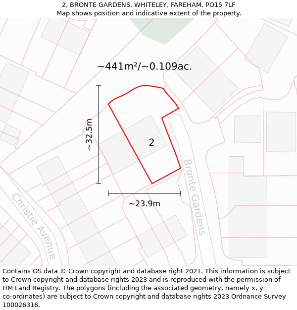 2, BRONTE GARDENS, WHITELEY, FAREHAM, PO15 7LF: Plot and title map