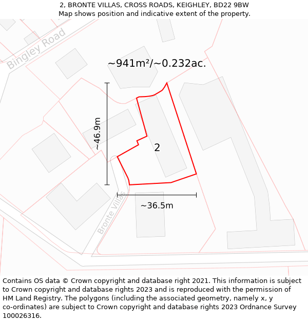 2, BRONTE VILLAS, CROSS ROADS, KEIGHLEY, BD22 9BW: Plot and title map