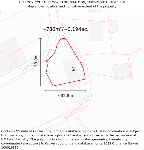 2, BROOK COURT, BROOK LANE, SHALDON, TEIGNMOUTH, TQ14 0HL: Plot and title map