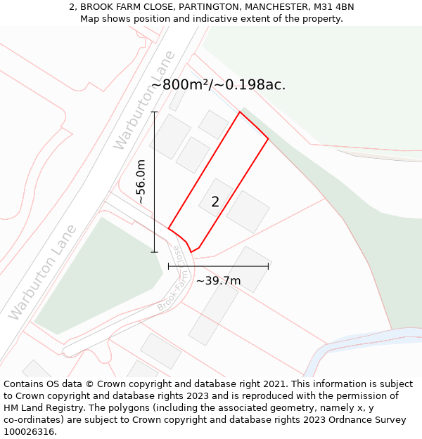 2, BROOK FARM CLOSE, PARTINGTON, MANCHESTER, M31 4BN: Plot and title map