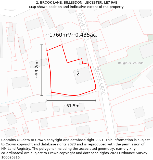 2, BROOK LANE, BILLESDON, LEICESTER, LE7 9AB: Plot and title map