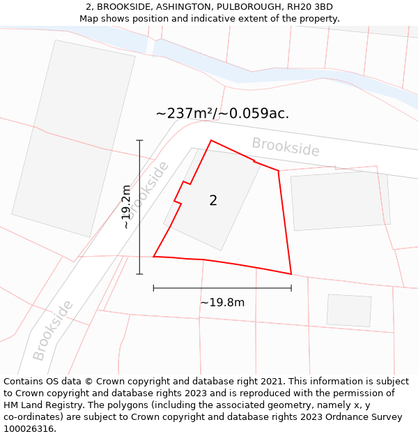 2, BROOKSIDE, ASHINGTON, PULBOROUGH, RH20 3BD: Plot and title map