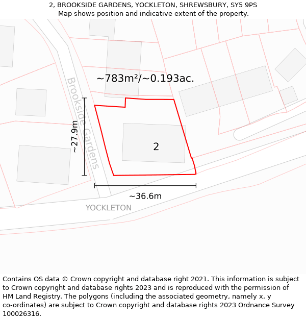 2, BROOKSIDE GARDENS, YOCKLETON, SHREWSBURY, SY5 9PS: Plot and title map