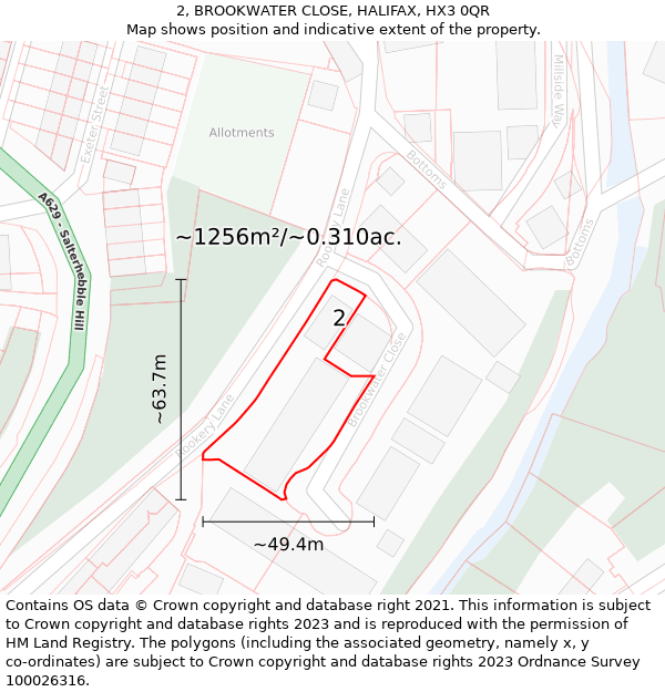 2, BROOKWATER CLOSE, HALIFAX, HX3 0QR: Plot and title map