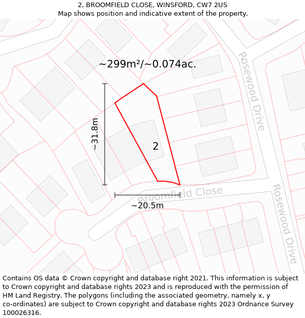 2, BROOMFIELD CLOSE, WINSFORD, CW7 2US: Plot and title map