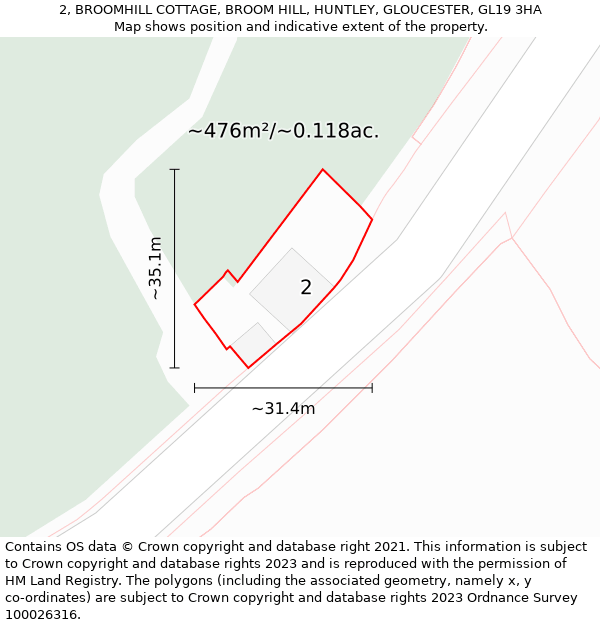 2, BROOMHILL COTTAGE, BROOM HILL, HUNTLEY, GLOUCESTER, GL19 3HA: Plot and title map