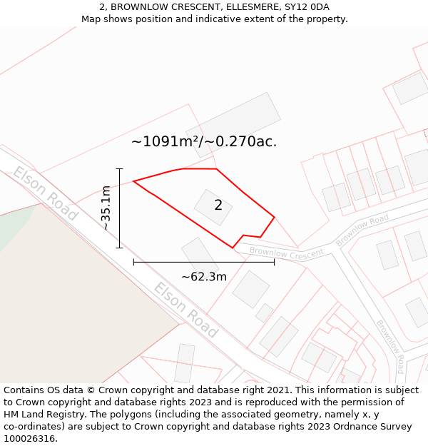 2, BROWNLOW CRESCENT, ELLESMERE, SY12 0DA: Plot and title map