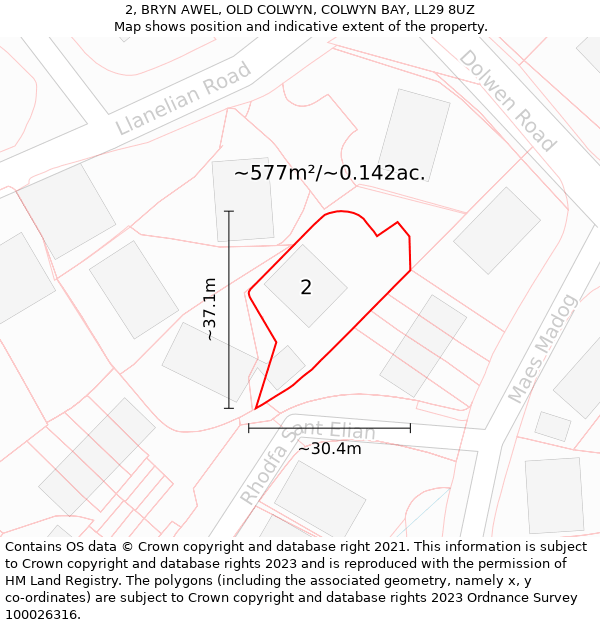 2, BRYN AWEL, OLD COLWYN, COLWYN BAY, LL29 8UZ: Plot and title map