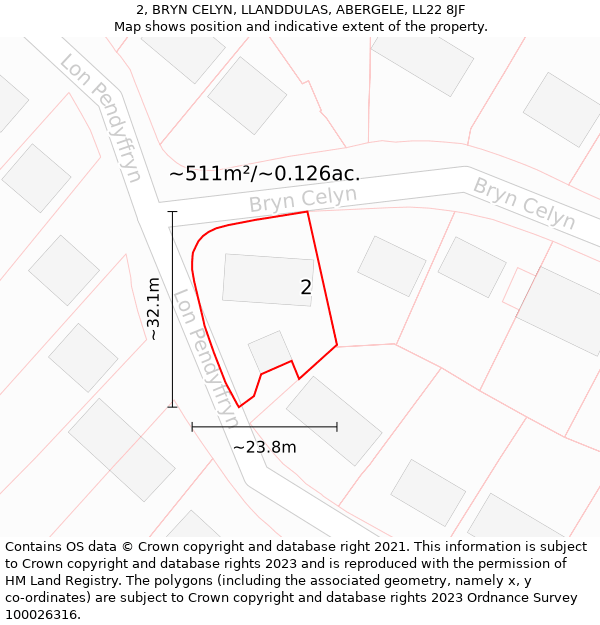 2, BRYN CELYN, LLANDDULAS, ABERGELE, LL22 8JF: Plot and title map