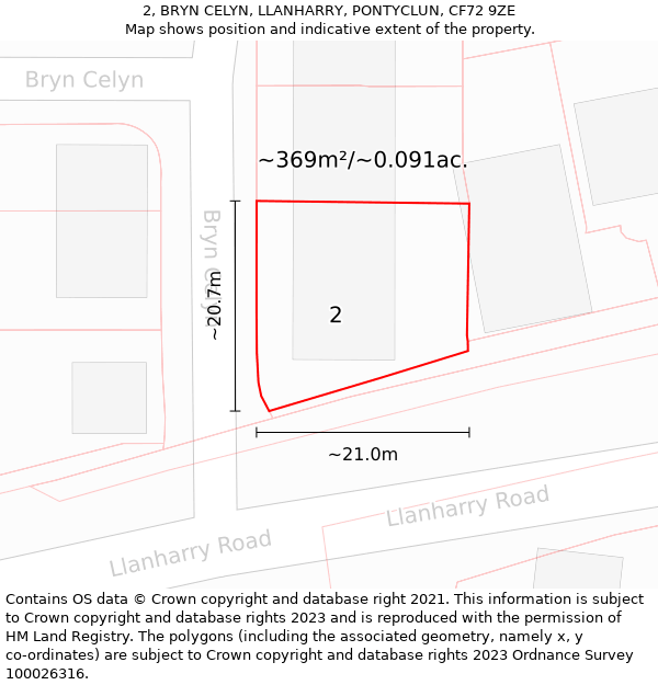 2, BRYN CELYN, LLANHARRY, PONTYCLUN, CF72 9ZE: Plot and title map