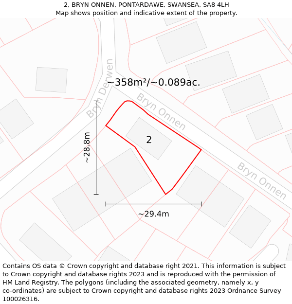 2, BRYN ONNEN, PONTARDAWE, SWANSEA, SA8 4LH: Plot and title map