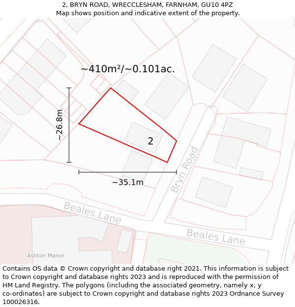 2, BRYN ROAD, WRECCLESHAM, FARNHAM, GU10 4PZ: Plot and title map