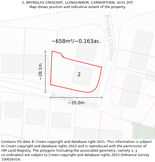 2, BRYNGLAS CRESCENT, LLANGUNNOR, CARMARTHEN, SA31 2HT: Plot and title map