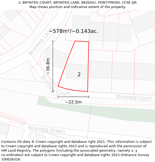 2, BRYNTEG COURT, BRYNTEG LANE, BEDDAU, PONTYPRIDD, CF38 2JR: Plot and title map