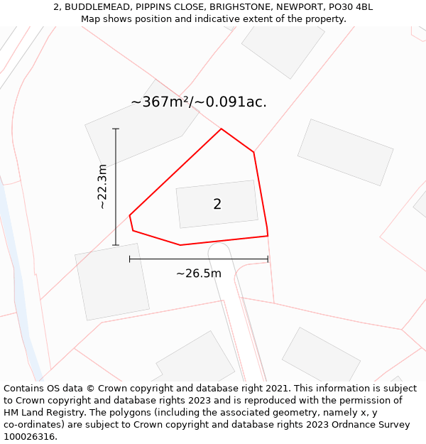 2, BUDDLEMEAD, PIPPINS CLOSE, BRIGHSTONE, NEWPORT, PO30 4BL: Plot and title map