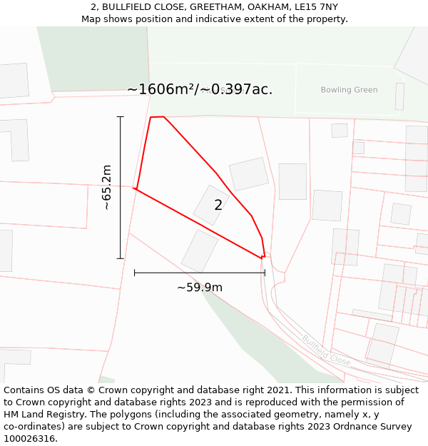 2, BULLFIELD CLOSE, GREETHAM, OAKHAM, LE15 7NY: Plot and title map