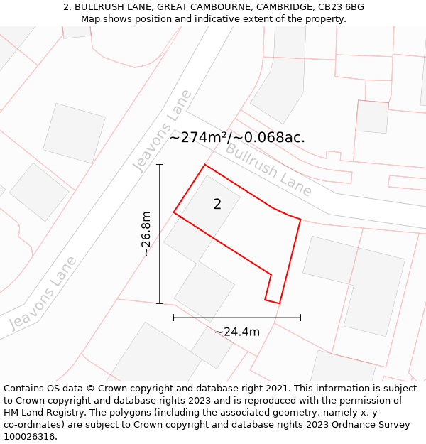 2, BULLRUSH LANE, GREAT CAMBOURNE, CAMBRIDGE, CB23 6BG: Plot and title map