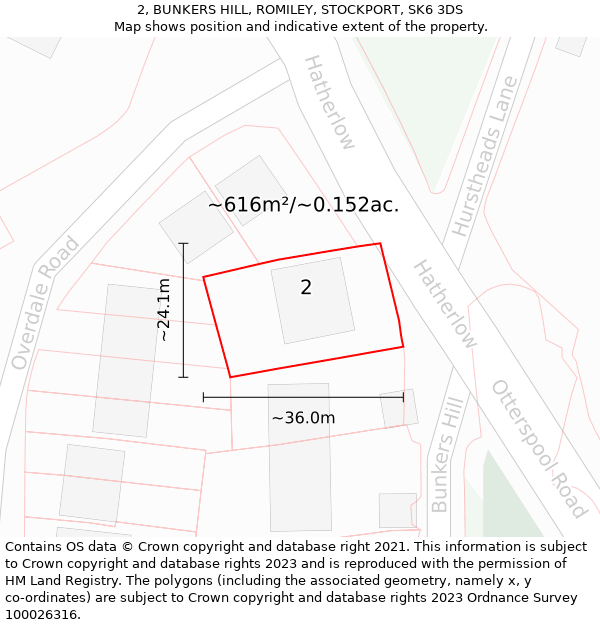 2, BUNKERS HILL, ROMILEY, STOCKPORT, SK6 3DS: Plot and title map