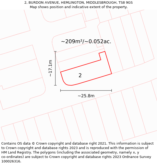 2, BURDON AVENUE, HEMLINGTON, MIDDLESBROUGH, TS8 9GS: Plot and title map