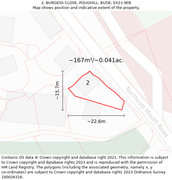 2, BURGESS CLOSE, POUGHILL, BUDE, EX23 9EB: Plot and title map