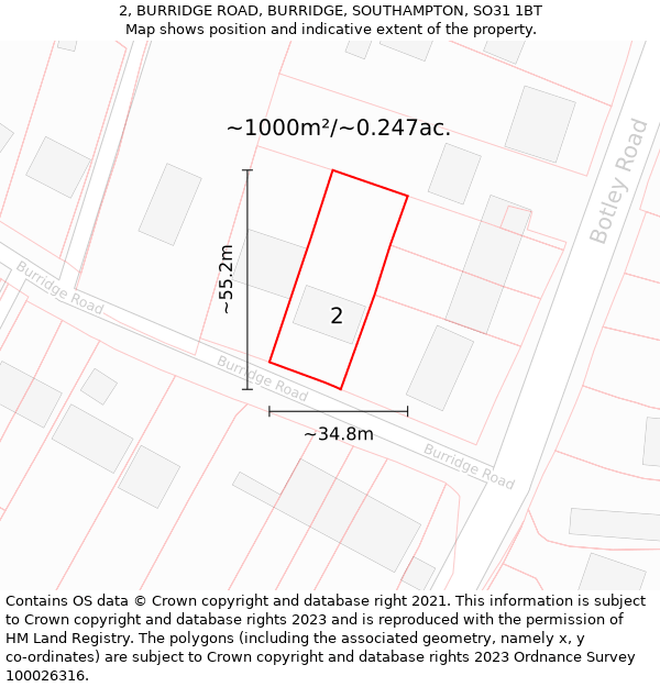 2, BURRIDGE ROAD, BURRIDGE, SOUTHAMPTON, SO31 1BT: Plot and title map