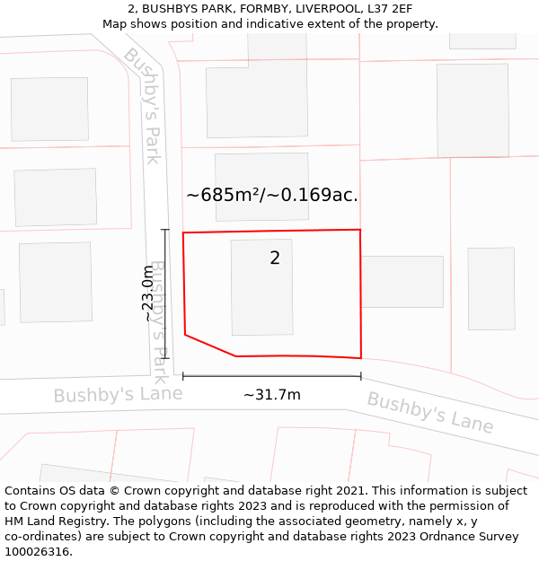 2, BUSHBYS PARK, FORMBY, LIVERPOOL, L37 2EF: Plot and title map