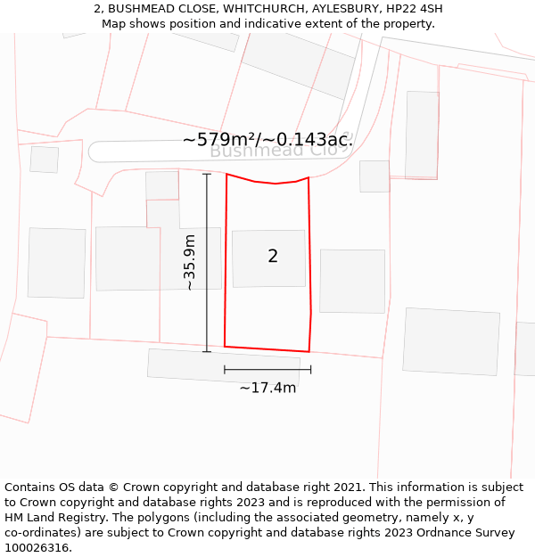 2, BUSHMEAD CLOSE, WHITCHURCH, AYLESBURY, HP22 4SH: Plot and title map