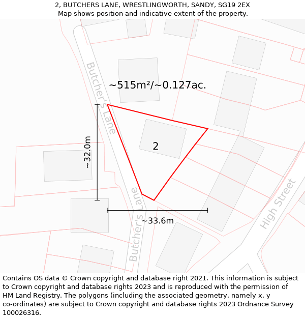 2, BUTCHERS LANE, WRESTLINGWORTH, SANDY, SG19 2EX: Plot and title map