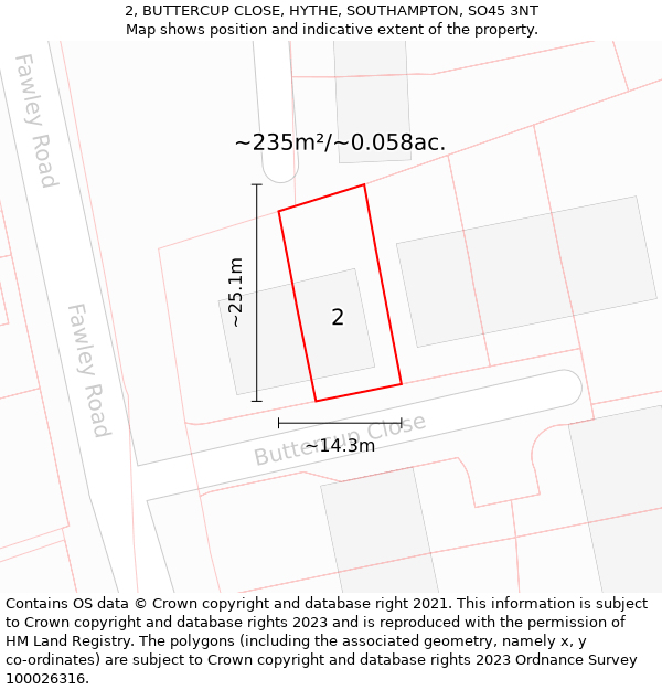 2, BUTTERCUP CLOSE, HYTHE, SOUTHAMPTON, SO45 3NT: Plot and title map