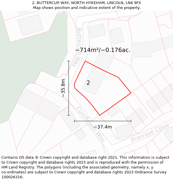 2, BUTTERCUP WAY, NORTH HYKEHAM, LINCOLN, LN6 9FX: Plot and title map