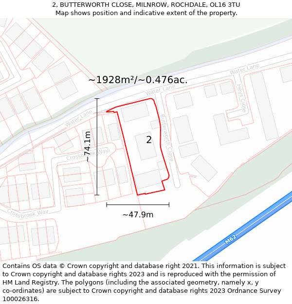 2, BUTTERWORTH CLOSE, MILNROW, ROCHDALE, OL16 3TU: Plot and title map