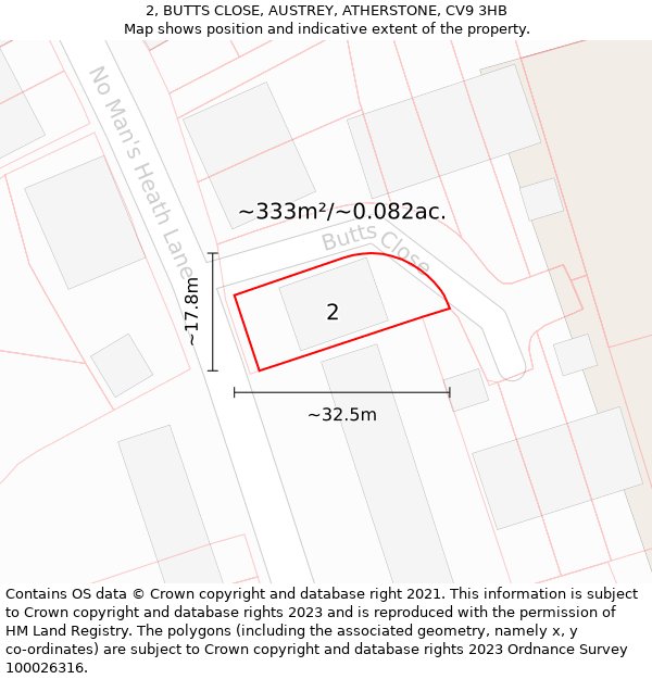 2, BUTTS CLOSE, AUSTREY, ATHERSTONE, CV9 3HB: Plot and title map