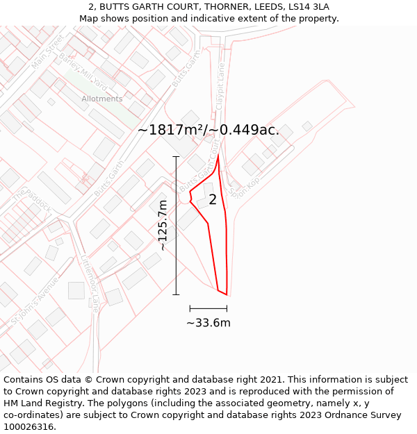 2, BUTTS GARTH COURT, THORNER, LEEDS, LS14 3LA: Plot and title map