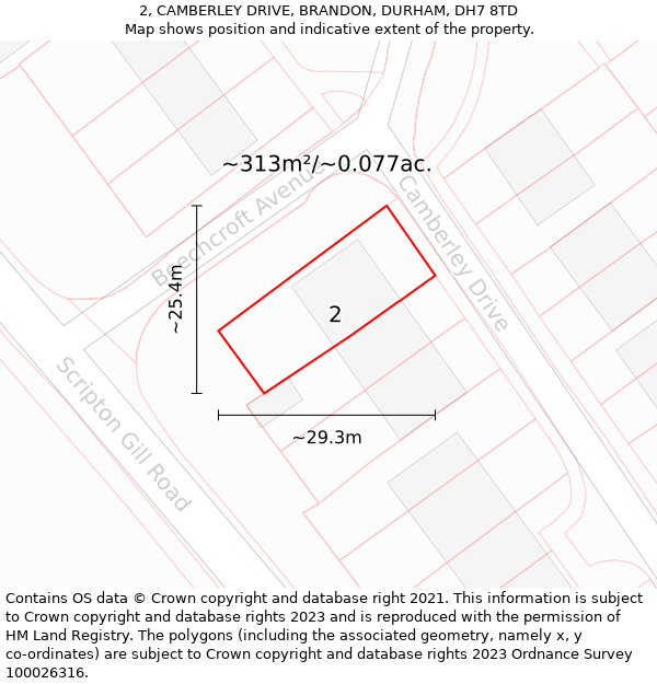 2, CAMBERLEY DRIVE, BRANDON, DURHAM, DH7 8TD: Plot and title map