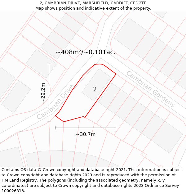 2, CAMBRIAN DRIVE, MARSHFIELD, CARDIFF, CF3 2TE: Plot and title map