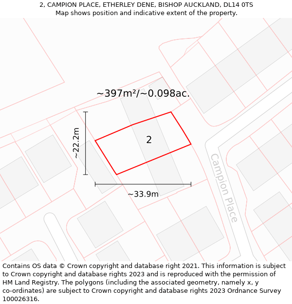 2, CAMPION PLACE, ETHERLEY DENE, BISHOP AUCKLAND, DL14 0TS: Plot and title map